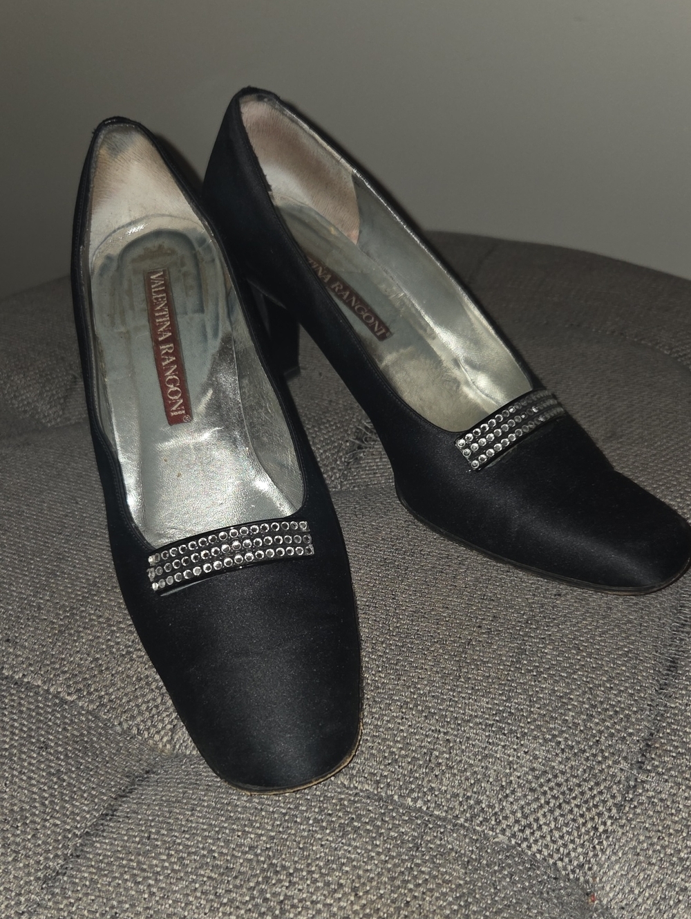 Valentina Black Satin Heels with Rhinestone Accent